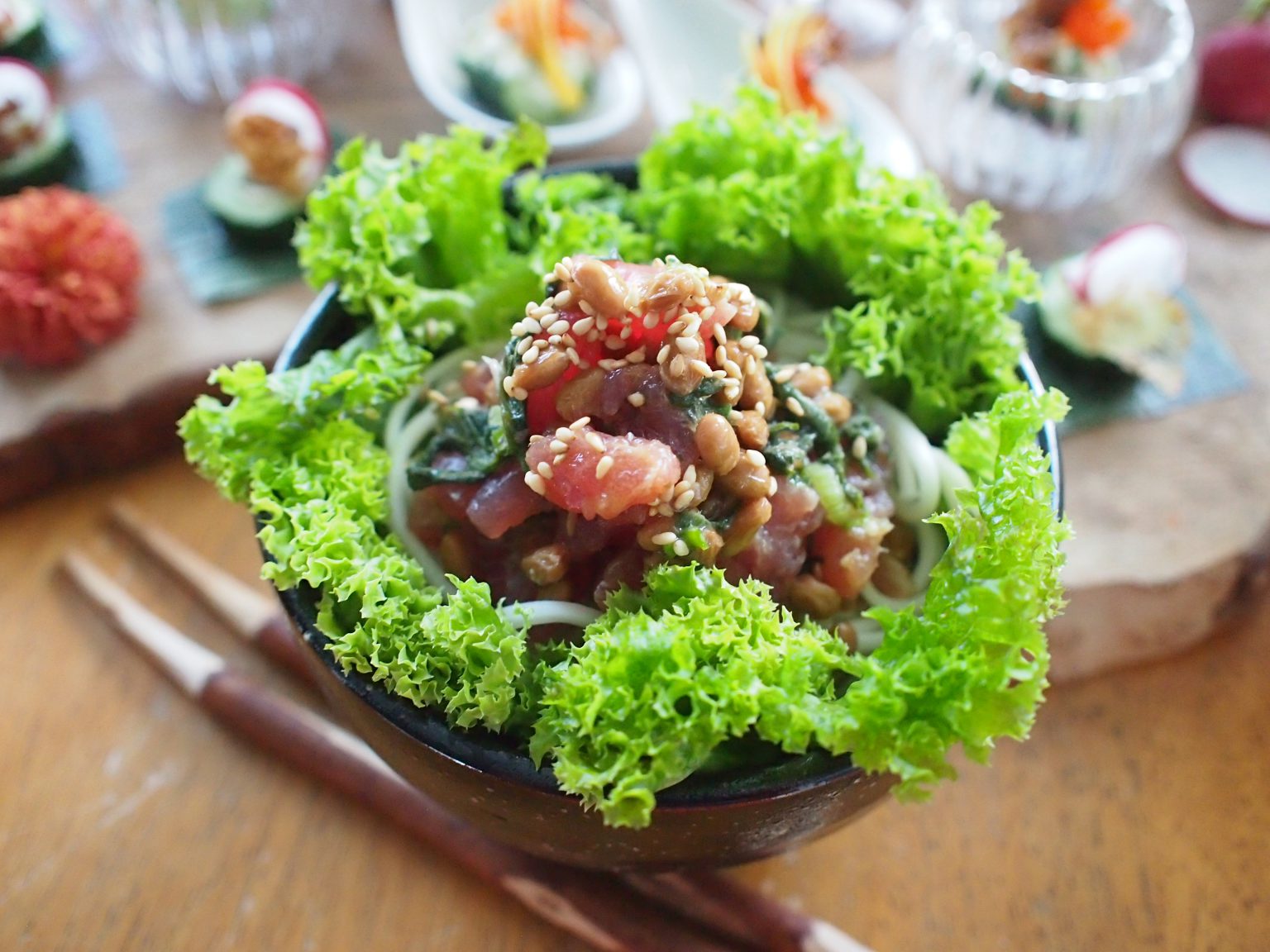 Japanese Tapas Noodle with Marinated Tuna (Zuke Maguro) & Natto