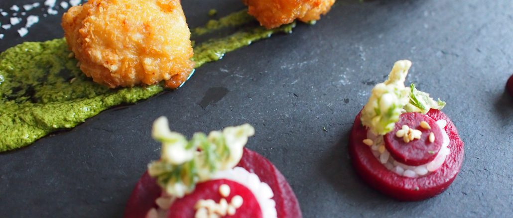 Petit Tonkatsu (Breaded Deep-fried Pork), Peppery Yuzu Sauce, Soy-marinated Beet Sushi