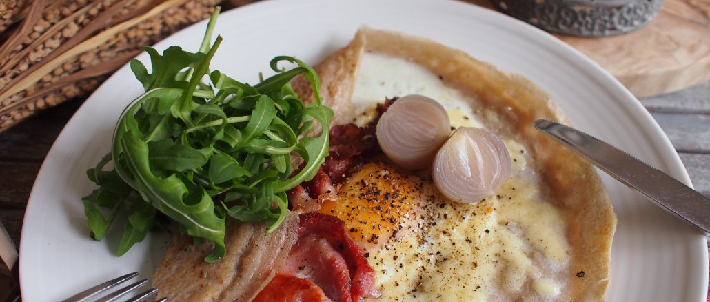 Galette -St Ewe's Free Range Egg, Bacon, Pancetta, Pickled Shallot, Cheddar