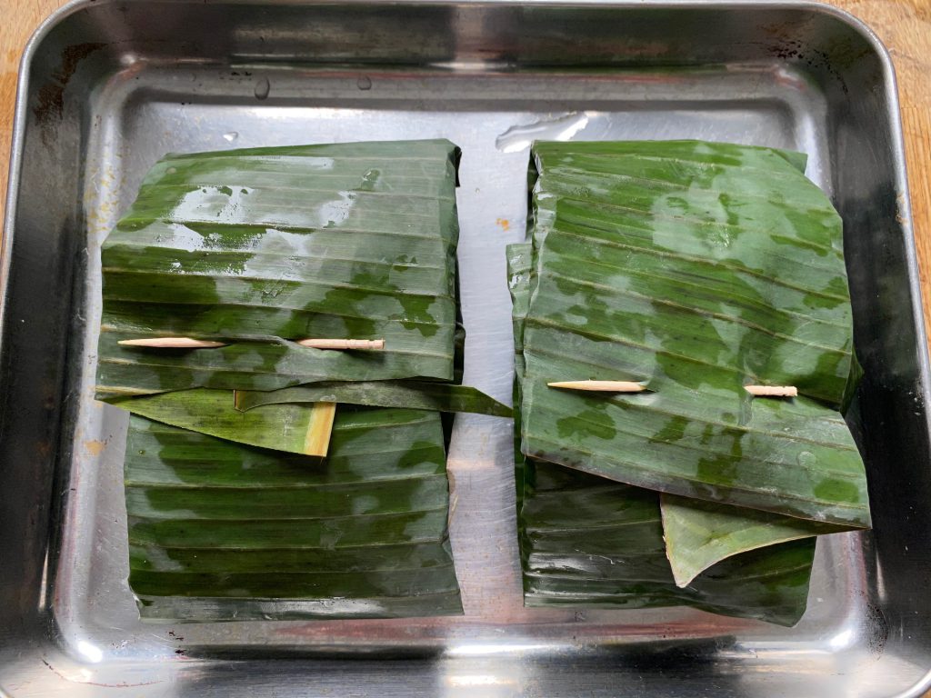 Salmon in banana leaves